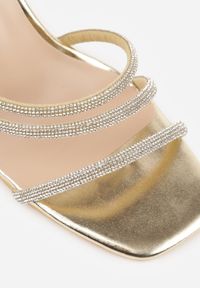 Born2be - Złote Eleganckie Sandały na Szpilce Ozdobione Cyrkoniowymi Paskami Vikiaele. Zapięcie: pasek. Kolor: złoty. Wzór: aplikacja. Obcas: na szpilce. Styl: elegancki #9
