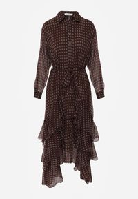 Born2be - Brązowa Koszulowa Sukienka z Dłuższym Tyłem i Falbanami Savandra. Okazja: na co dzień. Kolor: brązowy. Materiał: poliester. Typ sukienki: koszulowe. Styl: casual #2