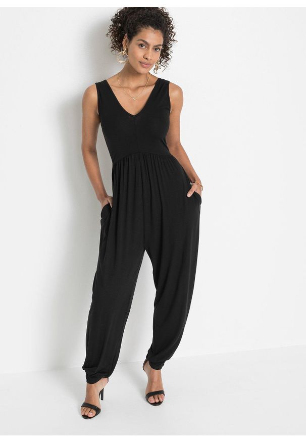 bonprix - Kombinezon z dżerseju z mieszanki wiskozy. Kolor: czarny. Materiał: jersey, wiskoza. Styl: elegancki