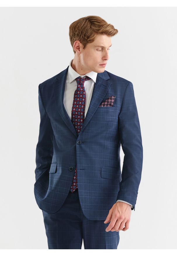 Pako Lorente - PAKO LORENTE – Granatowa marynarka garniturowa w delikatną niebieską kratkę. Okazja: na ślub cywilny, na wesele. Kolor: niebieski. Materiał: wełna. Wzór: kratka. Styl: elegancki