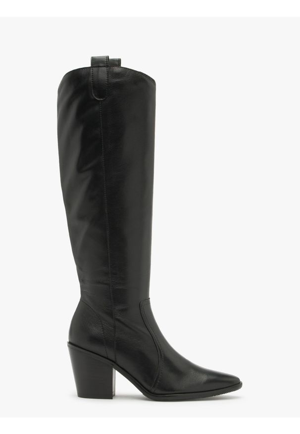 Ryłko - Czarne kozaki na masywnym obcasie RACHEL. Zapięcie: zamek. Kolor: czarny. Materiał: skóra. Obcas: na obcasie. Styl: street. Wysokość obcasa: średni