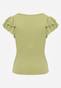 Renee - Zielona Gładka Bluzka z Bawełny z Rękawkami z Falbanek Nedaxera. Okazja: na co dzień, na randkę, na imprezę. Typ kołnierza: kołnierz z falbankami. Kolor: zielony. Materiał: bawełna. Długość rękawa: krótki rękaw. Wzór: gładki. Styl: casual #4