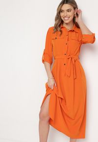 Born2be - Pomarańczowa Rozkloszowana Sukienka Maxi z Koszulową Górą i Wiązanym Paskiem Indiga. Kolor: pomarańczowy. Materiał: materiał. Wzór: jednolity. Typ sukienki: koszulowe. Długość: maxi #5