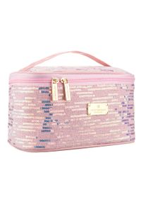 Podróżna kosmetyczka z tkaniny syntetycznej w różowym kolorze ozdobiona cekinami - Peterson. Kolor: różowy. Materiał: tkanina, syntetyk. Wzór: aplikacja #1