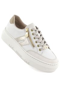 Skórzane półbuty damskie sneakersy na platformie beżowe Rieker M1912-80. Kolor: beżowy. Materiał: skóra. Obcas: na platformie #1