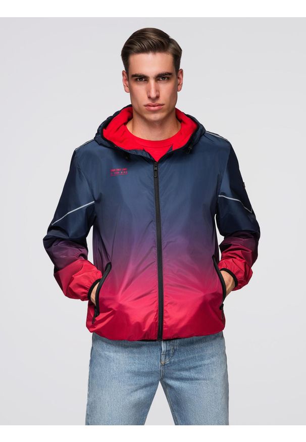 Ombre Clothing - Sportowa męska kurtka ombre z odblaskami i polarową podszewką – granatowo-czerwona V3 - Rozmiar: L. Kolor: czerwony. Materiał: polar. Wzór: nadruk, gradientowy, napisy. Styl: sportowy