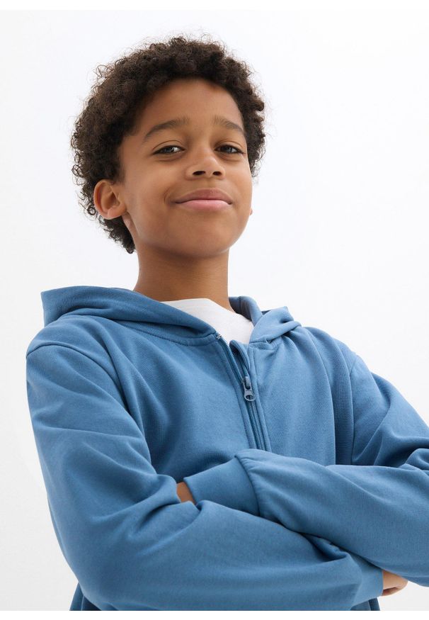 bonprix - Bluza rozpinana z kapturem, z miękkiej mieszanki bawełny. Typ kołnierza: kaptur. Kolor: niebieski. Materiał: bawełna