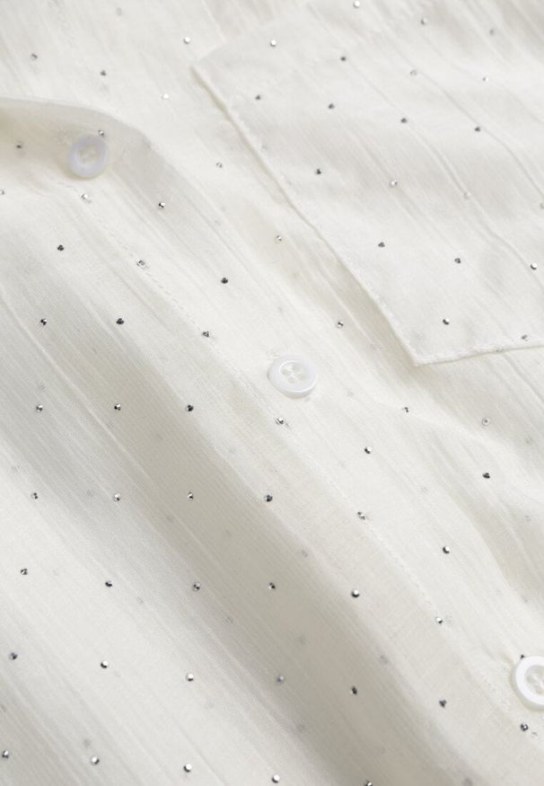 Renee - Jasnobeżowa Prześwitująca Koszula z Cyrkoniami Arialle. Okazja: na co dzień. Kolor: beżowy. Materiał: jeans. Styl: casual