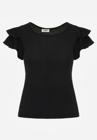 Renee - Czarna Gładka Bluzka z Bawełny z Rękawkami z Falbanek Nedaxera. Okazja: na co dzień, na randkę, na imprezę. Typ kołnierza: kołnierz z falbankami. Kolor: czarny. Materiał: bawełna. Długość rękawa: krótki rękaw. Wzór: gładki. Styl: casual #8