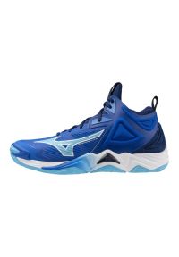 Buty halowe Mizuno Wave Momnetum Mid. Kolor: niebieski, biały, wielokolorowy. Model: Mizuno Wave. Sport: siatkówka, turystyka piesza