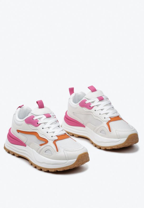 Renee - Beżowo-Różowo Sneakersy na Niskiej Platformie z Siateczką z Ozdobnymi Wstawkami Lelphine. Nosek buta: okrągły. Zapięcie: sznurówki. Kolor: beżowy. Materiał: materiał. Obcas: na platformie. Wysokość obcasa: niski