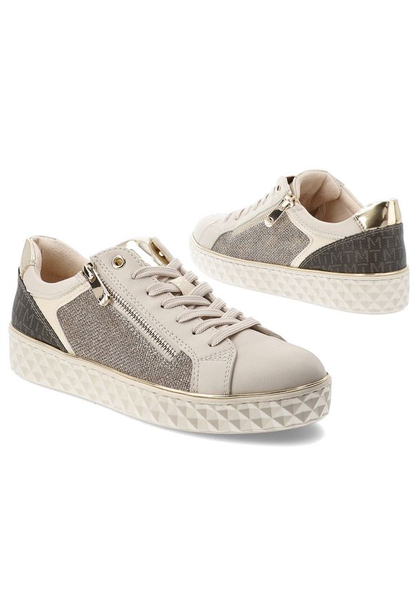 Beżowe Sneakersy Marco Tozzi Modne Obuwie Damskie. Okazja: na co dzień. Zapięcie: zamek. Kolor: beżowy. Materiał: materiał, syntetyk. Szerokość cholewki: normalna. Wzór: geometria