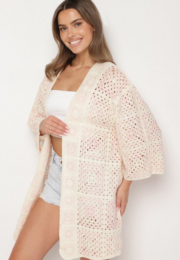 Born2be - Różowo-Beżowy Bawełniany Kardigan z Ażurowym Wzorem Meliorra. Okazja: na spacer. Kolor: różowy. Materiał: bawełna. Wzór: ażurowy. Styl: elegancki