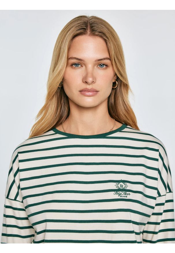 Big-Star - Bluzka damska w paski beżowo-zielone Alerra 304. Okazja: na co dzień. Kolor: zielony. Materiał: jeans, dzianina. Wzór: paski. Styl: casual
