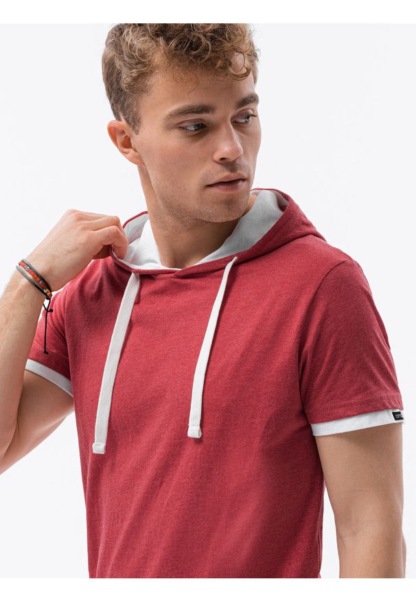 Ombre Clothing - T-shirt męski z kapturem bez nadruku S1376 - czerwony melanż - XXL. Okazja: na co dzień. Typ kołnierza: kaptur. Kolor: czerwony. Materiał: bawełna, jersey, dzianina. Wzór: melanż. Styl: klasyczny, casual