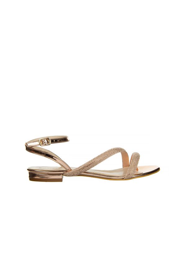 Sandały Bayla-187 1719 Rose 187031, Różowe złoto, Skóra ekologiczna - 36. Okazja: na co dzień. Zapięcie: pasek. Kolor: złoty. Materiał: skóra ekologiczna. Wzór: motyw z bajki, paski. Obcas: na obcasie. Styl: casual, elegancki. Wysokość obcasa: średni