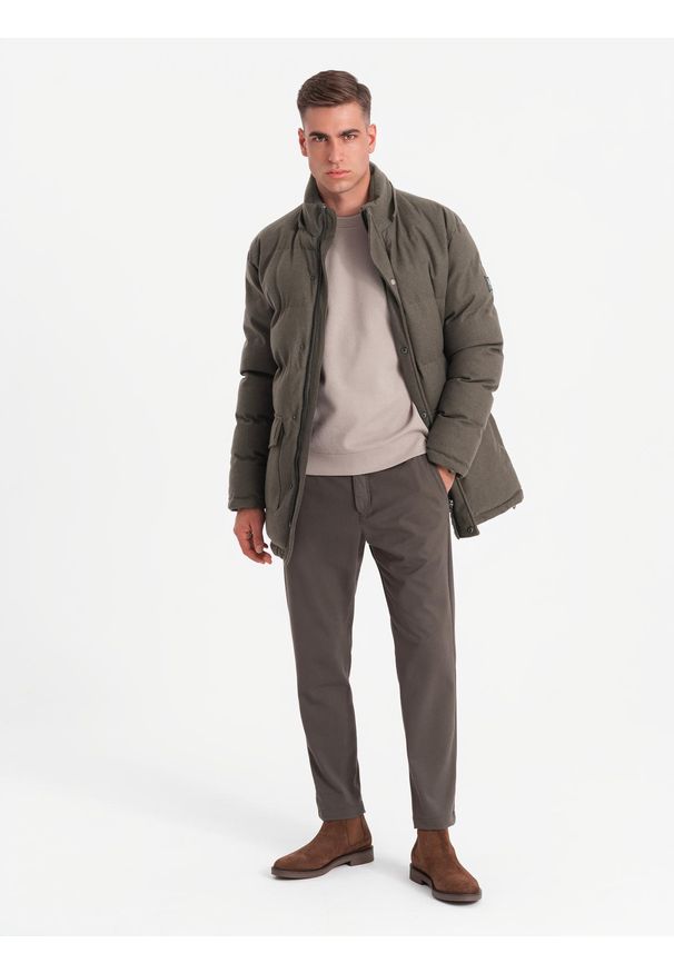 Ombre Clothing - Długa ciepła męska kurtka typu parka z wełną – ciemnooliwkowy melanż V4 OM-JALJ-0217 - XXL. Kolor: oliwkowy. Materiał: wełna. Długość: długie. Wzór: melanż