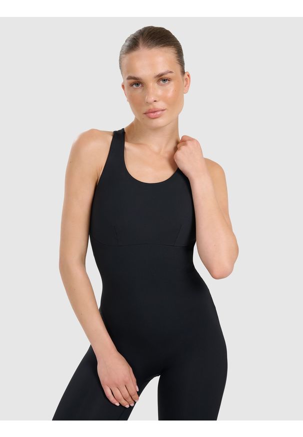 4f - 4F Kombinezon do jogi i pilatesu szybkoschnący damski - czarny L. Kolor: czarny. Materiał: dzianina, elastan, tkanina, syntetyk, materiał, skóra. Wzór: gładki, ze splotem. Sport: joga i pilates