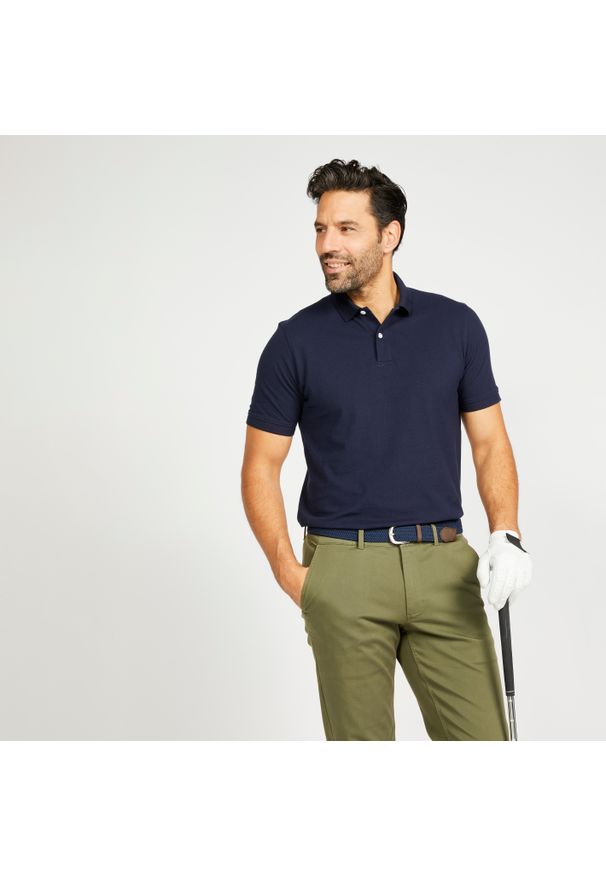 INESIS - Koszulka polo do golfa z krótkim rękawem męska Inesis MW500. Typ kołnierza: polo, golf. Kolor: niebieski. Materiał: bawełna, poliester, materiał. Długość rękawa: krótki rękaw. Długość: krótkie. Wzór: ze splotem. Styl: klasyczny