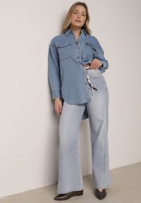 Born2be - Niebieskie Bawełniane Jeansy o Szerokim Kroju z Paskiem Typu Sznurek Arfiera. Okazja: na co dzień. Stan: podwyższony. Kolor: niebieski. Styl: casual, klasyczny #5