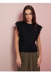 Sinsay - Bawełniana bluzka z ozdobnymi falbankami - czarny. Typ kołnierza: kołnierz z falbankami. Kolor: czarny. Materiał: bawełna #1