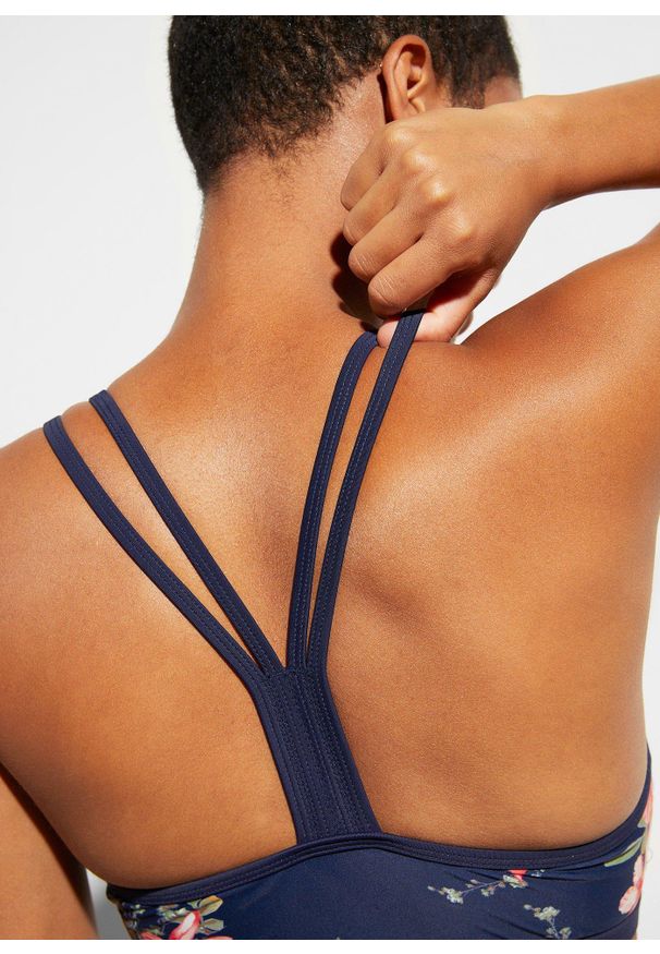 bonprix - Bikini bustier (2 części), z poliamidu z recyklingu. Kolor: niebieski. Materiał: poliamid. Wzór: kwiaty, nadruk