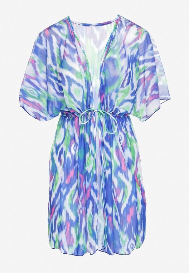 Renee - Niebieska Siateczkowa Narzutka z Abstrakcyjnym Motywem Ozdobiona Wiązaniem Revoreia. Okazja: na co dzień. Kolor: niebieski. Wzór: aplikacja. Styl: casual