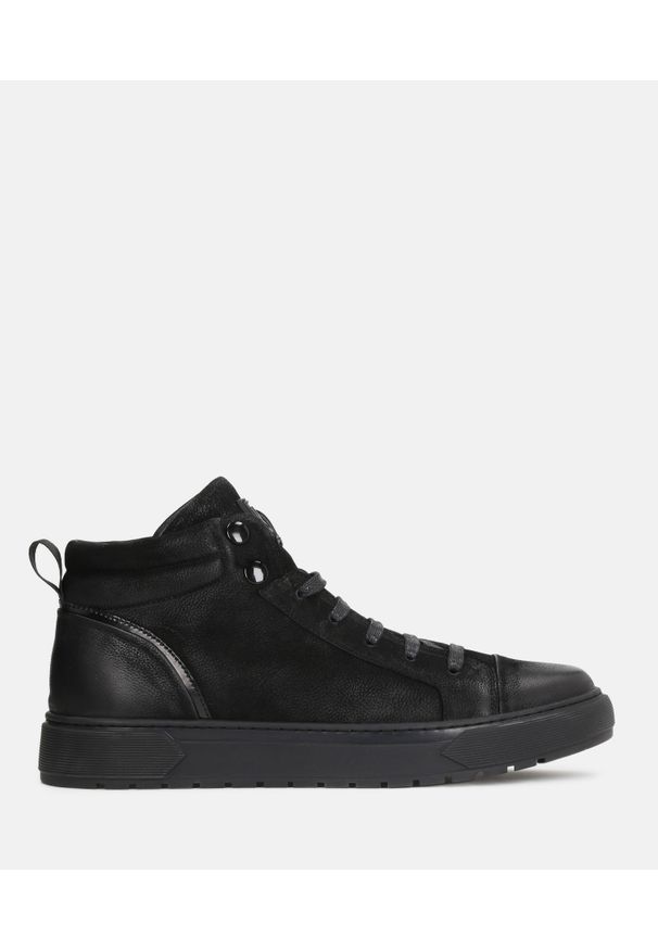 Kazar - Czarne sneakersy męskie. Kolor: czarny. Materiał: skóra, lakier, materiał, nubuk