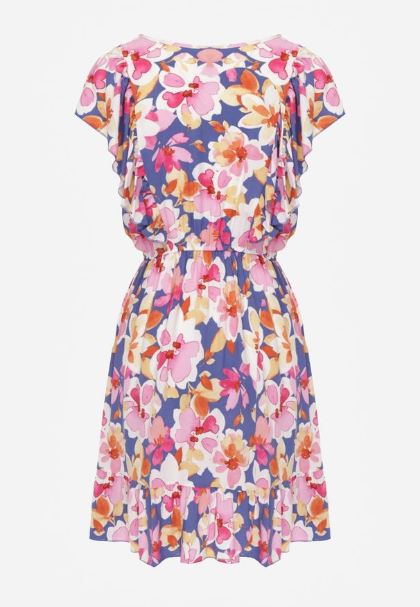 Renee - Niebiesko-Różowa Taliowana Bawełniana Sukienka w Kwiaty z Falbanami przy Ramionach z Gumką w Talii Nelova. Kolor: niebieski. Materiał: bawełna. Długość rękawa: krótki rękaw. Wzór: kwiaty. Styl: wizytowy, elegancki