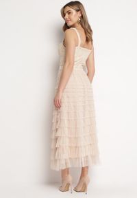 Born2be - Jasnobeżowa Sukienka Maxi na Ramiączkach z Gorsetową Górą i Tiulowymi Falbanami Encartia. Typ kołnierza: dekolt gorset. Kolor: beżowy. Materiał: tiul. Długość rękawa: na ramiączkach. Typ sukienki: gorsetowe. Długość: maxi #7