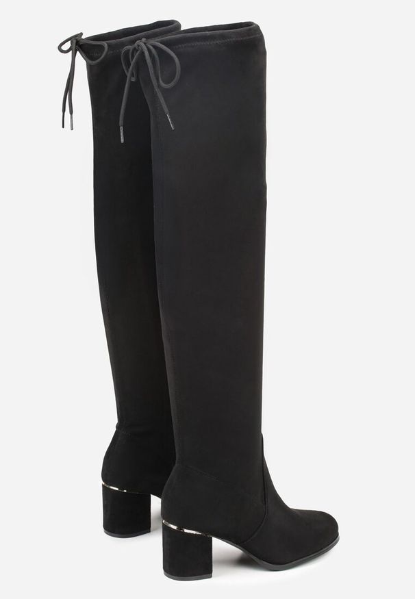 Born2be - Czarne Kozaki za Kolano na Słupku z Wiązaniem z Tyłu Idinea. Okazja: na co dzień, na spotkanie biznesowe, do pracy. Wysokość cholewki: za kolano. Kolor: czarny. Materiał: jeans. Obcas: na słupku. Styl: biznesowy, casual, elegancki, klasyczny. Wysokość obcasa: średni