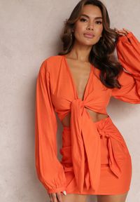 Renee - Pomarańczowy 2-częściowy Komplet Casual z Bluzką i Spódnicą Mini Udekorowanych Wiązaniem Beasia. Kolor: pomarańczowy #1