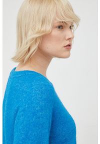 Samsoe & Samsoe - Samsoe Samsoe sweter z domieszką wełny damski lekki. Kolor: niebieski. Materiał: wełna. Długość rękawa: raglanowy rękaw. Wzór: gładki