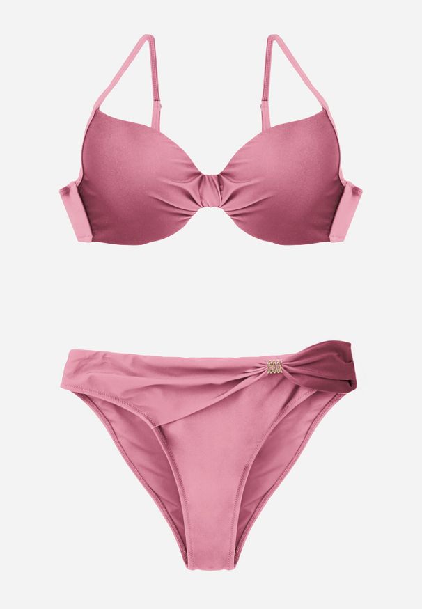 Born2be - Fioletowe Bikini Biustonosz i Figi z Ozdobnym Marszczeniem i Aplikacją Periete. Kolor: fioletowy. Wzór: aplikacja