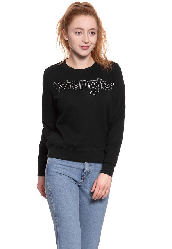 Wrangler - BLUZA WRANGLER DAMSKA CREW SWEAT BLACK W6079HY01. Okazja: na spacer, na co dzień. Typ kołnierza: bez kaptura. Kolor: czarny. Materiał: dresówka, bawełna, guma, dzianina, prążkowany. Długość: długie. Wzór: napisy, nadruk. Sezon: lato. Styl: klasyczny, sportowy, casual