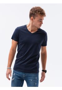 Ombre Clothing - T-shirt męski bawełniany BASIC S1369 - granatowy - XXL. Typ kołnierza: dekolt w serek. Kolor: niebieski. Materiał: bawełna. Długość: krótkie. Styl: klasyczny
