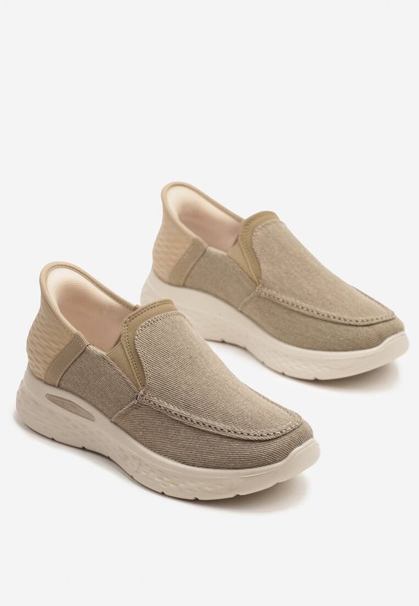 Born2be - Beżowe Półbuty Ozdobione Przeszyciami Vivirine. Okazja: na co dzień, do pracy. Kolor: beżowy. Materiał: jeans. Wzór: aplikacja. Styl: klasyczny, casual