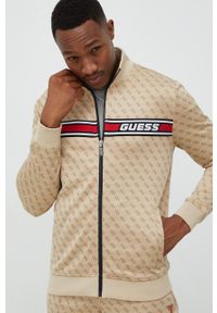 Guess bluza męska kolor beżowy z aplikacją. Kolor: beżowy. Materiał: dzianina. Wzór: aplikacja #1