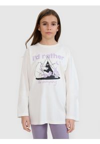 4f - 4F Longsleeve oversize z nadrukiem dziewczęcy - biały 152 (11-12 lat). Okazja: na co dzień. Kolor: biały. Materiał: dzianina, bawełna, jersey. Długość rękawa: długi rękaw. Długość: długie. Wzór: nadruk. Sezon: lato. Styl: klasyczny, sportowy, casual