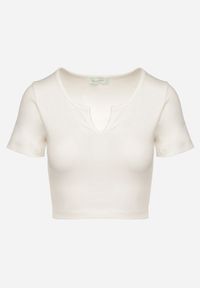 Born2be - Beżowy Bawełniany T-shirt z Prążkowanego Materiału Linalora. Okazja: na co dzień, na spotkanie biznesowe. Kolor: beżowy. Materiał: bawełna, materiał, prążkowany. Styl: biznesowy, klasyczny, elegancki, casual