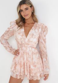 Born2be - Ciemnobeżowa Rozkloszowana Sukienka Mini z Cienkimi Gumkami i Paskiem z Klamrą Jentria. Okazja: na co dzień. Kolor: beżowy. Styl: casual, klasyczny. Długość: mini #1