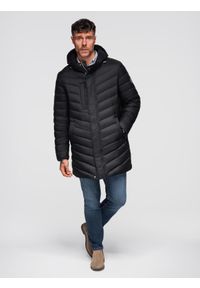 Ombre Clothing - Długa pikowana kurtka męska z naturalnym wypełnieniem - czarna V1 - Rozmiar: XL. Okazja: na co dzień. Kolor: czarny. Materiał: puch, tkanina, materiał. Długość: długie. Styl: casual, elegancki