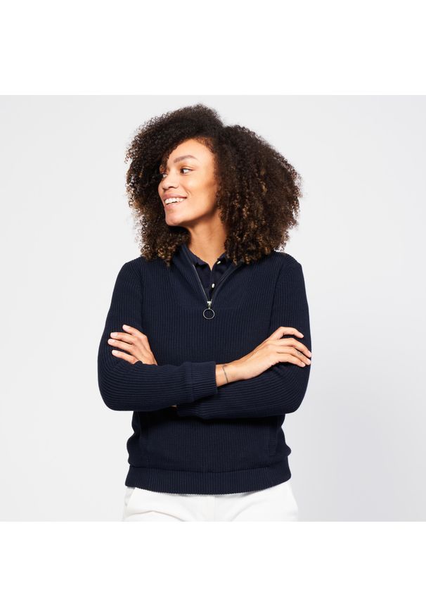 INESIS - Sweter do golfa damski Inesis MW500 wiatroszczelny. Typ kołnierza: golf. Kolor: niebieski. Materiał: poliester, bawełna, materiał, tkanina. Styl: sportowy