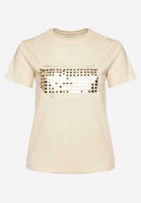 Born2be - Beżowy T-shirt Bawełniany Ozdobiony Cekinami Lirenell. Okazja: na co dzień, do pracy. Kolor: beżowy. Materiał: bawełna. Wzór: aplikacja. Styl: glamour, klasyczny, casual #7