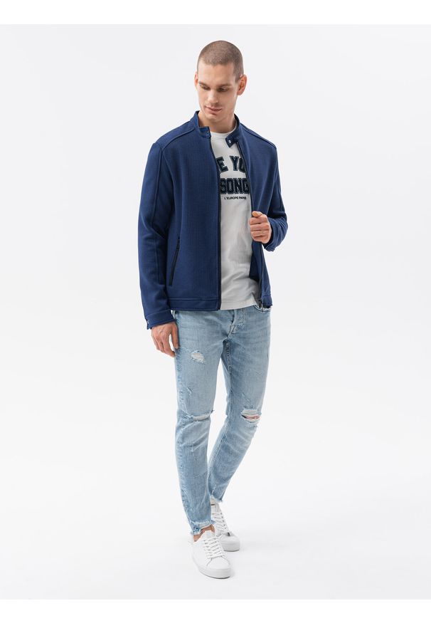 Ombre Clothing - Bluza męska rozpinana bez kaptura C453 - granatowa - XXL. Typ kołnierza: bez kaptura. Kolor: niebieski. Materiał: bawełna, żakard, poliester