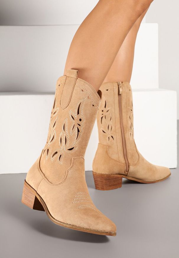 Born2be - Ciemnobeżowe Ażurowe Botki Vices na Obcasie w Stylu Kowbojek Helori. Kolor: beżowy. Materiał: jeans. Wzór: ażurowy. Obcas: na obcasie. Styl: boho, klasyczny. Wysokość obcasa: średni