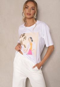 Renee - Biały T-shirt Oversize z Bawełny z Ozdobnym Nadrukiem Danilna. Kolor: biały. Materiał: bawełna. Wzór: nadruk