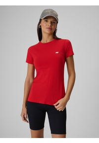 4f - 4F T-shirt slim gładki damski - czerwony XS. Okazja: na co dzień. Kolor: czerwony. Materiał: materiał, bawełna, jeans, skóra. Wzór: gładki. Styl: klasyczny, casual #1
