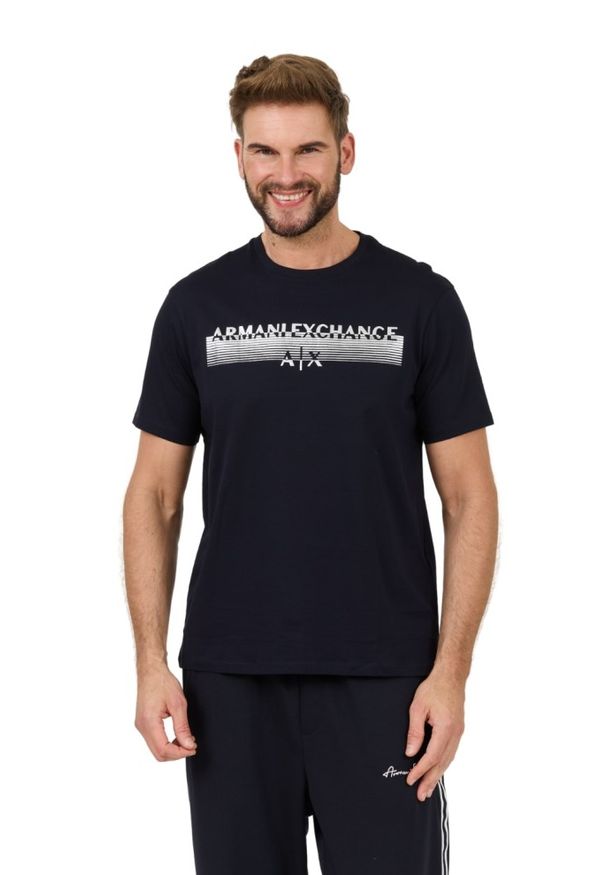 Armani Exchange - ARMANI EXCHANGE Granatowy męski t-shirt ze srebrnym logo, Rozmiar XXL. Kolor: niebieski