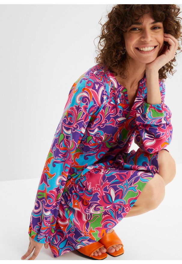 bonprix - Sukienka tunikowa z lejącej wiskozy. Kolor: różowy. Materiał: wiskoza. Wzór: nadruk. Styl: elegancki